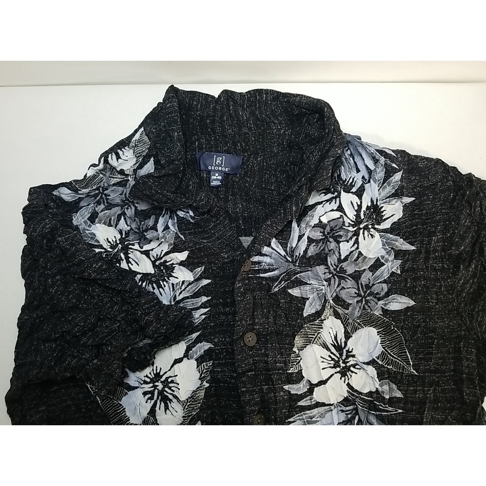 George Mens Hawaiian Shirt Short Sleeve Button Up Medium Black Floral Rayon